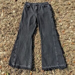 Mint Velvet Wide Leg Flare Jeans Size 8 US Black High Rise Denim Designer Frayed